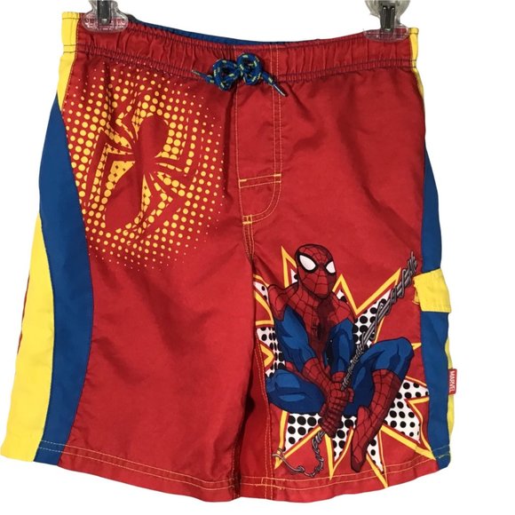 Disney Store Swim Trunks‎ Boys 7/8 Red Blue Yellow Marvel Spiderman Lined Shorts - Picture 1 of 8